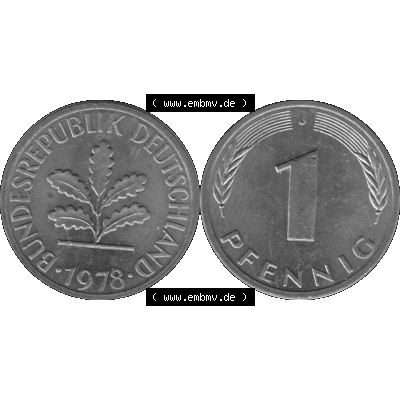 BRD Münzen 1 Pfennig Umlaufmünze in Graustufen PNG 1950-2001, 1 Pfennig 1978, 1970er Jahre J-01. Graustufen-Bilder der Vorderseite und Rückseite mit Wert-Zahl auf einen... Sammlung