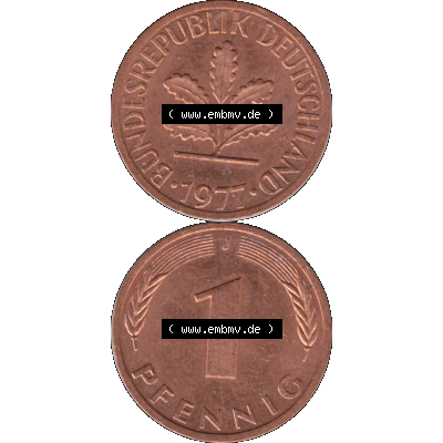 BRD Münzen 1 Pfennig Umlaufmünze in Farbigen PNG 1950-2001, 1 Pfennig 1977, 1970er Jahre J-01. Farbiges PNG-Bilder der 1 Pfennig Münze der BRD-Jahre. Vorderseite... Sammlung