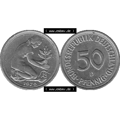 BRD Münzen 50 Pf. Umlaufmünze in graustufen PNG 1950-2001, 50 Pfennig 1976, 1970er Jahre D-01 Graustufen. PNG Computer-Grafik in Graustufen einer digitalisierten 50... Sammlung