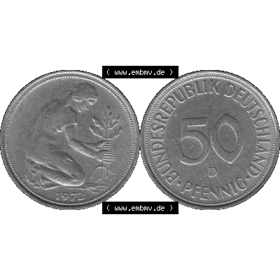 BRD Münzen 50 Pf. Umlaufmünze in graustufen PNG 1950-2001, 50 Pfennig 1972, 1970er Jahre Münzstätte München mit Münzzeichen "D" -01 Graustufen.... Sammlung