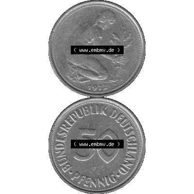 BRD Münzen 50 Pf. Umlaufmünze in graustufen PNG 1950-2001, 50 Pfennig 1972, 1970er Jahre Münzstätte Stuttgart mit Münzzeichen "F" -01 Graustufen.... Sammlung