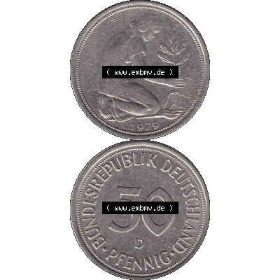 BRD Münzen 50 Pf. Umlaufmünze in PNG 1950-2001, 50 Pfennig 1979, 1970er Jahre Münzzeichen für München D-01. PNG Computer-Grafik einer digitalisierten... Sammlung