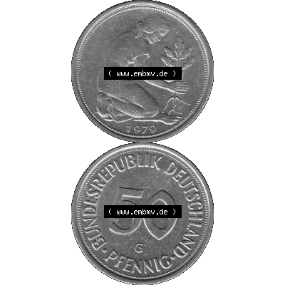 BRD Münzen 50 Pf. Umlaufmünze in graustufen PNG 1950-2001, 50 Pfennig 1979, 1970er Jahre Mzz. für Karlsruhe G-01 Graustufen. PNG Computer-Grafik in Graustufen-PNG... Sammlung