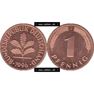 BRD Münzen 1 Pfennig Umlaufmünze in Farbigen PNG 1950-2001, 1 Pfennig 1996, 1990er Jahre J-01. 1 Pfennig Münze der BRD-Jahre. Vorderseite und Rückseite mit... Sammlung