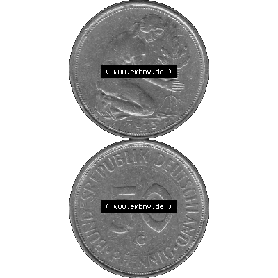BRD Münzen 50 Pf. Umlaufmünze in graustufen PNG 1950-2001, 50 Pfennig 1973, 1970er Jahre Münzstätte Karlsruhe mit Münzzeichen "G" -01 Graustufen.... Sammlung