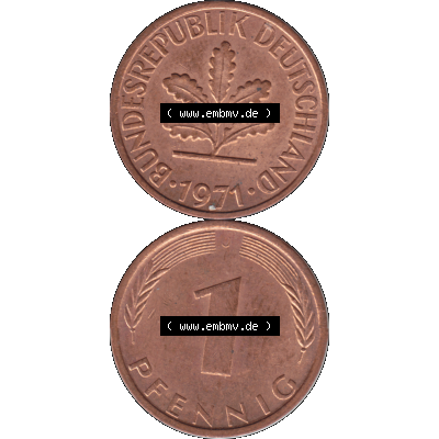 BRD Münzen 1 Pfennig Umlaufmünze in Farbigen PNG 1950-2001, 1 Pfennig 1971, 1970er Jahre J-01. Farbiges PNG-Bilder der 1 - Ein Pfennig Münze der BRD-Jahre. Vorderseite... Sammlung
