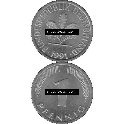 BRD Münzen 1 Pfennig Umlaufmünze in Graustufen PNG 1950-2001, 1 Pfennig 1991, 1990er Jahre J-01. Graustufen-Bild erstellt aus Farbigen Bild mit Vorderseite und Rückseite... Sammlung