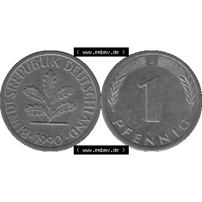BRD Münzen 1 Pfennig Umlaufmünze in Graustufen PNG 1950-2001, 1 Pfennig 1990, 1990er Jahre J-01. Graustufen-Bilder der Vorderseite und Rückseite mit Wert-Zahl auf einen... Sammlung