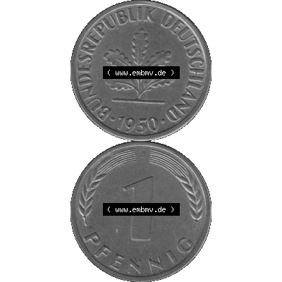 BRD Münzen 1 Pfennig Umlaufmünze in Graustufen PNG 1950-2001, 1 Pfennig 1950, 1950er Jahre J-01. Graustufen-Bild erstellt aus Farbigen Bild mit Vorderseite und Rückseite... Sammlung