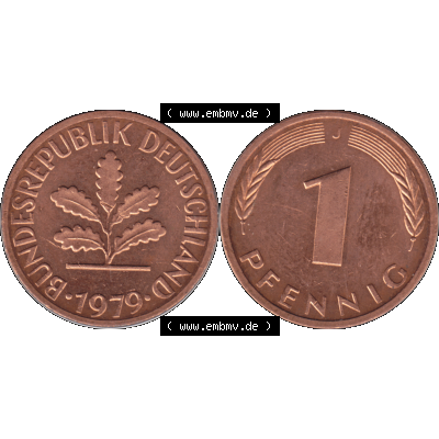 BRD Münzen 1 Pfennig Umlaufmünze in Farbigen PNG 1950-2001, 1 Pfennig 1979, 1970er Jahre J-01. 1 Pfennig Münze der BRD-Jahre. Vorderseite und Rückseite mit... Sammlung