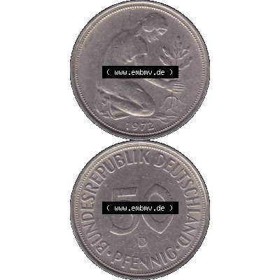 BRD Münzen 50 Pf. Umlaufmünze in PNG 1950-2001, 50 Pfennig 1972, 1970er Jahre Münzstätte München Mzz. D -01. PNG Computer-Grafik einer digitalisierten... Sammlung