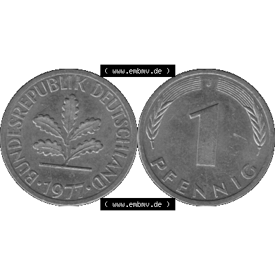 BRD Münzen 1 Pfennig Umlaufmünze in Graustufen PNG 1950-2001, 1 Pfennig 1977, 1970er Jahre J-01. Graustufen-Bilder der Vorderseite und Rückseite mit Wert-Zahl auf einen... Sammlung