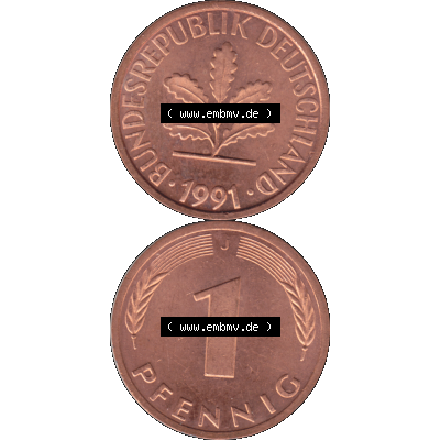 BRD Münzen 1 Pfennig Umlaufmünze in Farbigen PNG 1950-2001, 1 Pfennig 1991, 1990er Jahre J-01. Farbiges PNG-Bilder der 1 Pfennig Münze der BRD-Jahre. Vorderseite... Sammlung