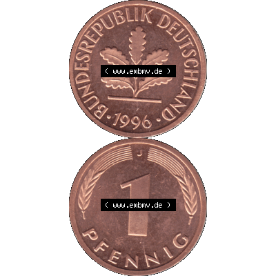 BRD Münzen 1 Pfennig Umlaufmünze in Farbigen PNG 1950-2001, 1 Pfennig 1996, 1990er Jahre J-01. Farbiges PNG-Bilder der 1 Pfennig Münze der BRD-Jahre. Vorderseite... Sammlung
