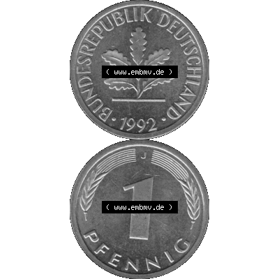 BRD Münzen 1 Pfennig Umlaufmünze in Graustufen PNG 1950-2001, 1 Pfennig 1992, 1990er Jahre J-01. Graustufen-Bild erstellt aus Farbigen Bild mit Vorderseite und Rückseite... Sammlung