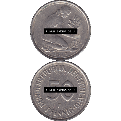 BRD Münzen 50 Pf. Umlaufmünze in PNG 1950-2001, 50 Pfennig 1977, 1970er Jahre F-01. PNG Computer-Grafik einer digitalisierten 50 Pfennig Münze aus den 1970er Jahren.... Sammlung