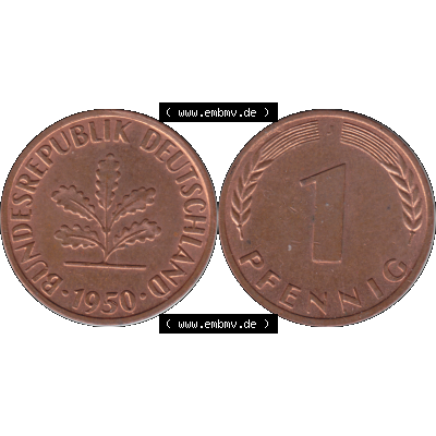 BRD Münzen 1 Pfennig Umlaufmünze in Farbigen PNG 1950-2001, 1 Pfennig 1950, 1950er Jahre J-01. 1 Pfennig Münze der BRD-Jahre. Vorderseite und Rückseite mit... Sammlung