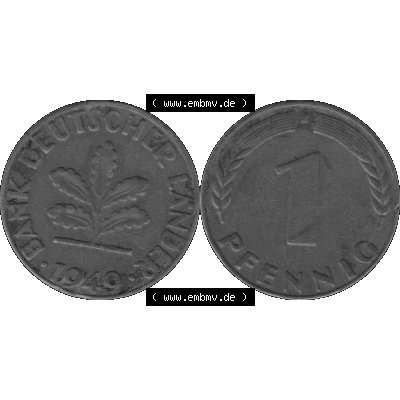 BRD Münzen 1 Pfennig Umlaufmünze in Graustufen PNG 1948-1949, 1 Pfennig 1949, 1950er Jahre J-01. Graustufen-Bilder der Vorderseite und Rückseite mit Wert-Zahl auf einen... Sammlung