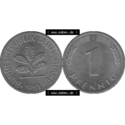 BRD Münzen 1 Pfennig Umlaufmünze in Graustufen PNG 1950-2001, 1 Pfennig 1981, 1980er Jahre J-01. Graustufen-Bilder der Vorderseite und Rückseite mit Wert-Zahl auf einen... Sammlung