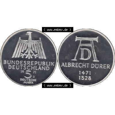 BRD Münzen 5 / Fünf Deutsche Mark, 5 DM Gedenkmünzen Silber 1971-1971, 5 DM-Deutsche Mark 1971 D-01 Albrecht Dürer 1471-1528 in PP. 5 DM / 5 Deutsche Mark... Sammlung