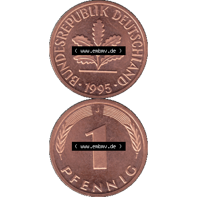 BRD Münzen 1 Pfennig Umlaufmünze in Farbigen PNG 1950-2001, 1 Pfennig 1995, 1990er Jahre J-01. Farbiges PNG-Bilder der 1 Pfennig Münze der BRD-Jahre. Vorderseite... Sammlung