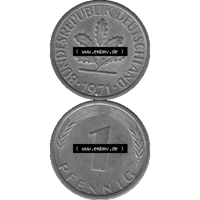 BRD Münzen 1 Pfennig Umlaufmünze in Graustufen PNG 1950-2001, 1 Pfennig 1971, 1970er Jahre J-01. Graustufen-Bild erstellt aus Farbigen Bild mit Vorderseite und Rückseite... Sammlung