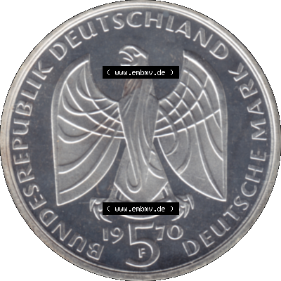 BRD Münzen 5 / Fünf Deutsche Mark, 5 DM Gedenkmünzen Silber 1970-1970, 5 DM-Deutsche Mark 1970 F-01 Ludwig von Beethoven 1770-1827 in PP. PNG Computer-Grafik einer... Sammlung