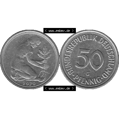 BRD Münzen 50 Pf. Umlaufmünze in graustufen PNG 1950-2001, 50 Pfennig 1979, 1970er Jahre Mzz. für Karlsruhe G-01 Graustufen. PNG Computer-Grafik in Graustufen... Sammlung