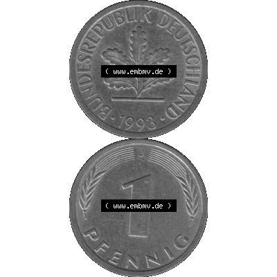 BRD Münzen 1 Pfennig Umlaufmünze in Graustufen PNG 1950-2001, 1 Pfennig 1993, 1990er Jahre J-01. Graustufen-Bild erstellt aus Farbigen Bild mit Vorderseite und Rückseite... Sammlung