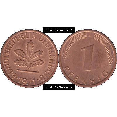 BRD Münzen 1 Pfennig Umlaufmünze in Farbigen PNG 1950-2001, 1 Pfennig 1971, 1970er Jahre J-01. 1 Pfennig Münze der BRD-Jahre. Vorderseite und Rückseite mit... Sammlung