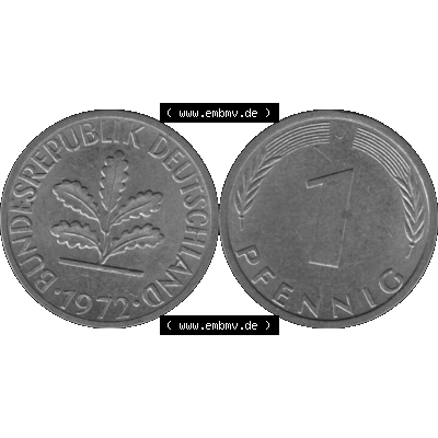 BRD Münzen 1 Pfennig Umlaufmünze in Graustufen PNG 1950-2001, 1 Pfennig 1972, 1970er Jahre J-01. Graustufen-Bilder der Vorderseite und Rückseite mit Wert-Zahl auf einen... Sammlung