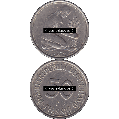 BRD Münzen 50 Pf. Umlaufmünze in PNG 1950-2001, 50 Pfennig 1979, 1970er Jahre Münzzeichen für Stuttgart F-01. PNG Computer-Grafik einer digitalisierten 50... Sammlung