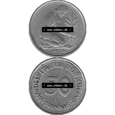 BRD Münzen 50 Pf. Umlaufmünze in graustufen PNG 1950-2001, 50 Pfennig 1976, 1970er Jahre F-01 Graustufen. PNG Computer-Grafik in Graustufen-PNG einer digitalisierten... Sammlung