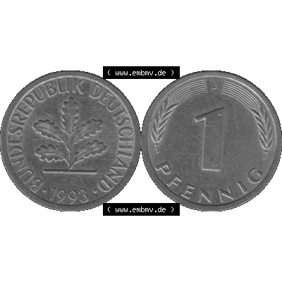 BRD Münzen 1 Pfennig Umlaufmünze in Graustufen PNG 1950-2001, 1 Pfennig 1993, 1990er Jahre J-01. Graustufen-Bilder der Vorderseite und Rückseite mit Wert-Zahl auf einen... Sammlung
