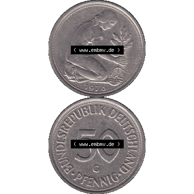 BRD Münzen 50 Pf. Umlaufmünze in PNG 1950-2001, 50 Pfennig 1976, 1970er Jahre G-01. PNG Computer-Grafik einer digitalisierten 50 Pfennig Münze aus den 1970er Jahren.... Sammlung