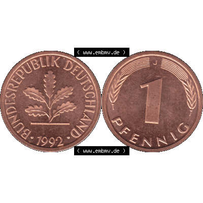 BRD Münzen 1 Pfennig Umlaufmünze in Farbigen PNG 1950-2001, 1 Pfennig 1992, 1990er Jahre J-01. 1 Pfennig Münze der BRD-Jahre. Vorderseite und Rückseite mit... Sammlung