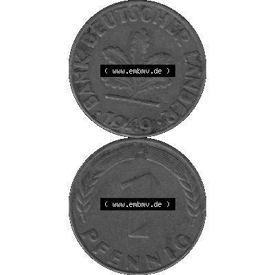 BRD Münzen 1 Pfennig Umlaufmünze in Graustufen PNG 1948-1949, 1 Pfennig 1949, 1950er Jahre J-01. Graustufen-Bild erstellt aus Farbigen Bild mit Vorderseite und Rückseite... Sammlung