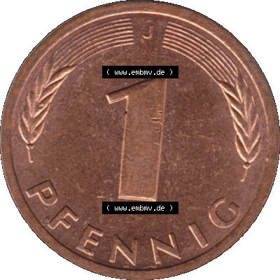 BRD Münzen 1 Pfennig Umlaufmünze in Farbigen PNG 1950-2001, 1 Pfennig 1987, 1980er Jahre J-01. Rückseite mit Wert-Zahl der digitalisierten 1 / Ein Pfennig-Münze... Sammlung