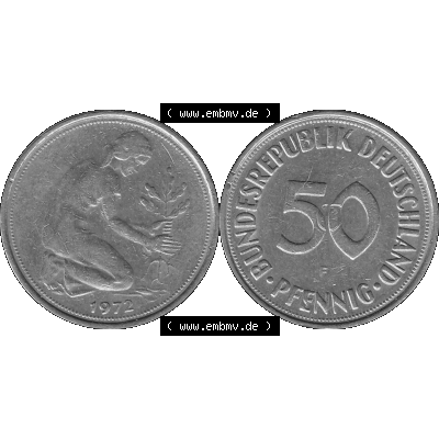 BRD Münzen 50 Pf. Umlaufmünze in graustufen PNG 1950-2001, 50 Pfennig 1972, 1970er Jahre Münzstätte Stuttgart mit Münzzeichen "F" -01 Graustufen.... Sammlung