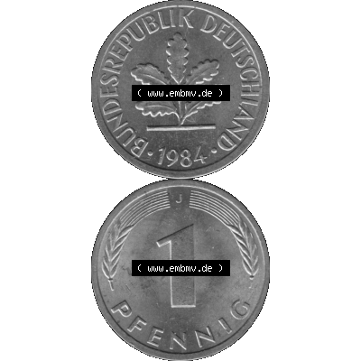 BRD Münzen 1 Pfennig Umlaufmünze in Graustufen PNG 1950-2001, 1 Pfennig 1984, 1980er Jahre J-01. Graustufen-Bild erstellt aus Farbigen Bild mit Vorderseite und Rückseite... Sammlung