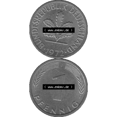 BRD Münzen 1 Pfennig Umlaufmünze in Graustufen PNG 1950-2001, 1 Pfennig 1972, 1970er Jahre J-01. Graustufen-Bild erstellt aus Farbigen Bild mit Vorderseite und Rückseite... Sammlung
