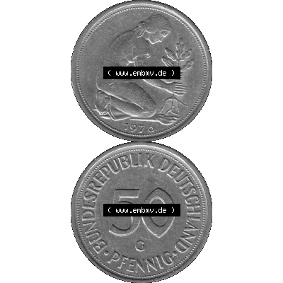 BRD Münzen 50 Pf. Umlaufmünze in graustufen PNG 1950-2001, 50 Pfennig 1976, 1970er Jahre G-01 Graustufen. PNG Computer-Grafik in Graustufen-PNG einer digitalisierten... Sammlung