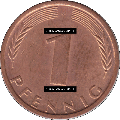 BRD Münzen 1 Pfennig Umlaufmünze in Farbigen PNG 1950-2001, 1 Pfennig 1971, 1970er Jahre J-01. Rückseite mit Wert-Zahl der digitalisierten 1 / Ein Pfennig-Münze... Sammlung