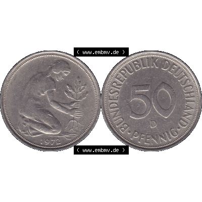 BRD Münzen 50 Pf. Umlaufmünze in PNG 1950-2001, 50 Pfennig 1972, 1970er Jahre Münzstätte München Mzz. D -01. PNG Computer-Grafik einer digitalisierten... Sammlung