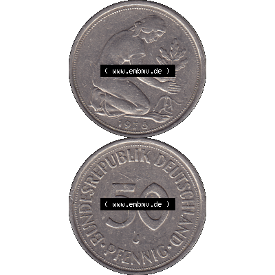 BRD Münzen 50 Pf. Umlaufmünze in PNG 1950-2001, 50 Pfennig 1976, 1970er Jahre J-01. PNG Computer-Grafik einer digitalisierten 50 Pfennig Münze aus den 1970er Jahren.... Sammlung