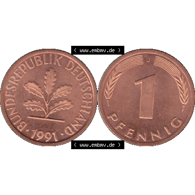 BRD Münzen 1 Pfennig Umlaufmünze in Farbigen PNG 1950-2001, 1 Pfennig 1991, 1990er Jahre J-01. 1 Pfennig Münze der BRD-Jahre. Vorderseite und Rückseite mit... Sammlung