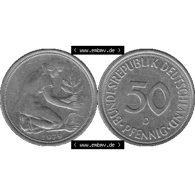 BRD Münzen 50 Pf. Umlaufmünze in graustufen PNG 1950-2001, 50 Pfennig 1979, 1970er Jahre Mzz. für München D-01 Graustufen. PNG Computer-Grafik in Graustufen... Sammlung