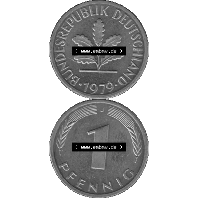 BRD Münzen 1 Pfennig Umlaufmünze in Graustufen PNG 1950-2001, 1 Pfennig 1979, 1970er Jahre J-01. Graustufen-Bild erstellt aus Farbigen Bild mit Vorderseite und Rückseite... Sammlung