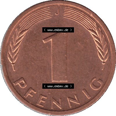 BRD Münzen 1 Pfennig Umlaufmünze in Farbigen PNG 1950-2001, 1 Pfennig 1982, 1980er Jahre J-01. Rückseite mit Wert-Zahl der digitalisierten 1 / Ein Pfennig-Münze... Sammlung