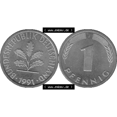 BRD Münzen 1 Pfennig Umlaufmünze in Graustufen PNG 1950-2001, 1 Pfennig 1991, 1990er Jahre J-01. Graustufen-Bilder der Vorderseite und Rückseite mit Wert-Zahl auf einen... Sammlung